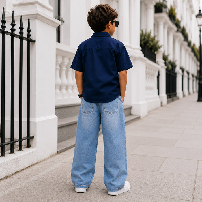 Kids Boys Combo Set with Blue Comfort Fit Casual Shirt & Light Blue Relaxed Fit Denim Jeans