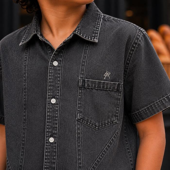 Kids Boys Combo Set with Grey Denim Shirt & Grey Comfort Fit Denim Jeans, Perfect Party Pair