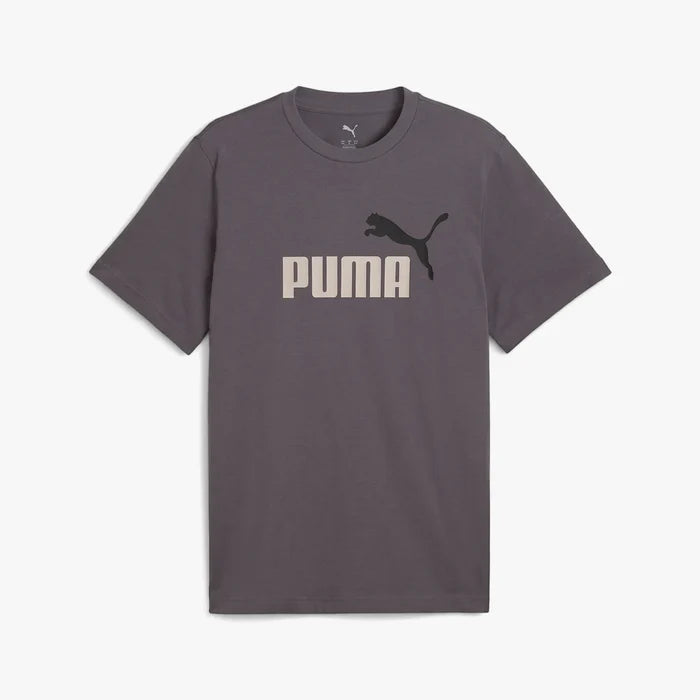 Puma men's Essential 2 Color No 1 Logo t-shirt in moody gray, with a light beige Puma text and black leaping cat logo.