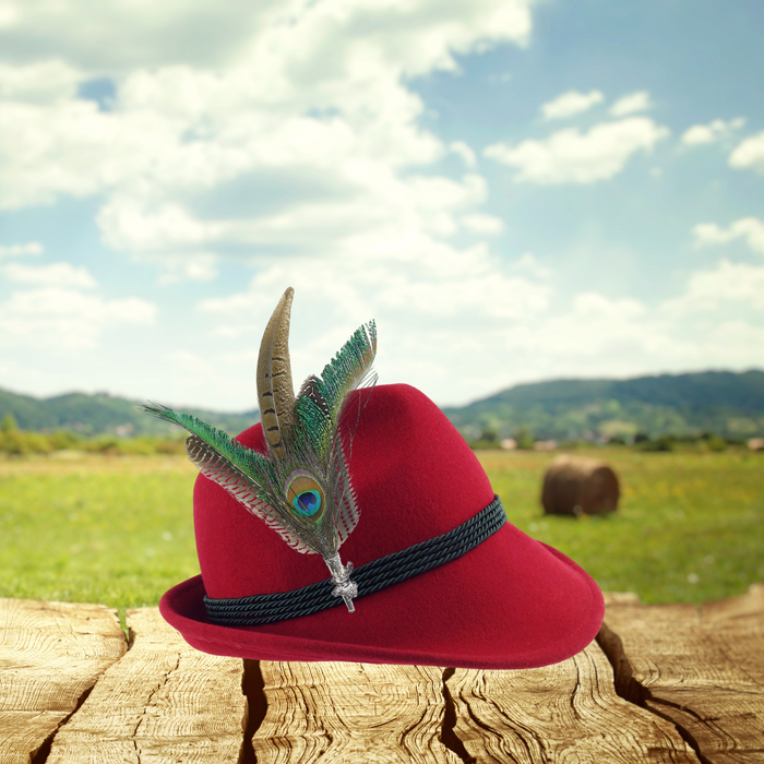 Peacock & Pheasant Fedora Feather Pin with Stag Medallion