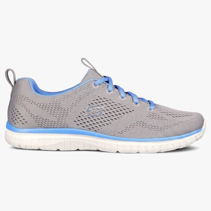 Skecher Womens Virtue Sneaker in gray mesh with blue laces and trim, featuring a white sole, viewed from the side.
