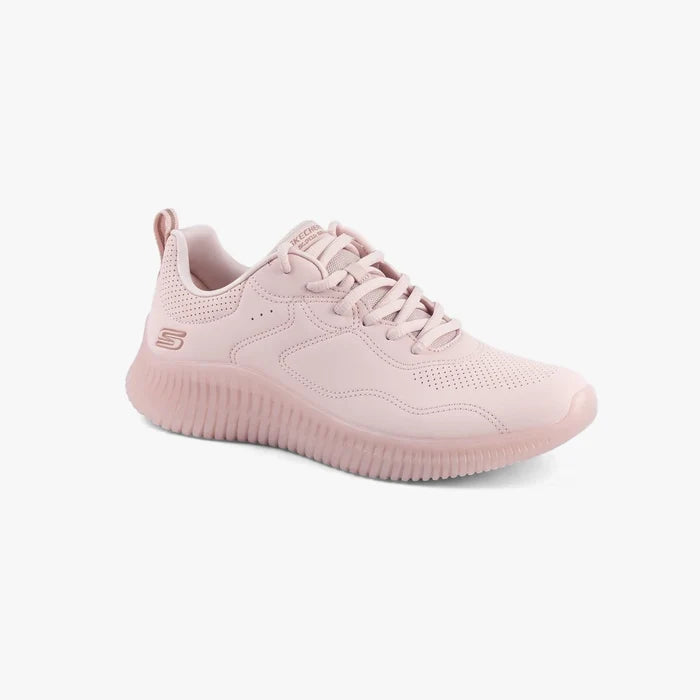 A single light pink Skechers Women's Bob Geo sneaker with synthetic and mesh upper, perforated details, and a ribbed sole.