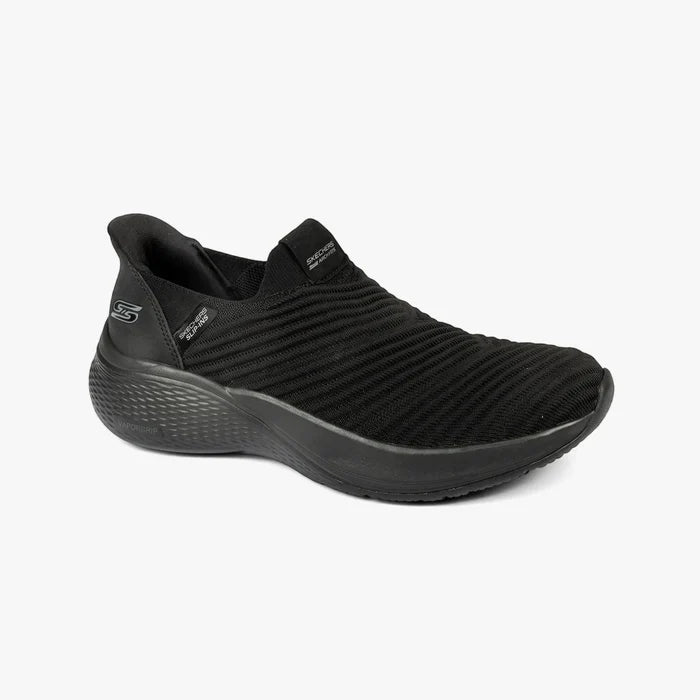 Skechers Women's Bobs Infinity slip-on shoe in black knit fabric, viewed from the side, on a white background.