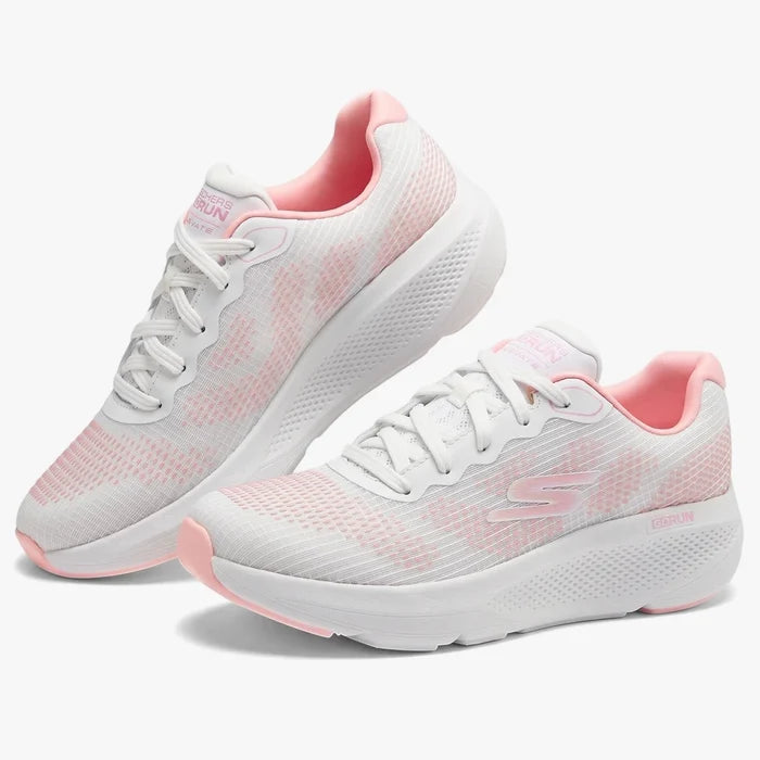 Skechers Womens Go Run Elevate Sneaker White Light Pink. A pair of white and light pink athletic shoes with white laces,