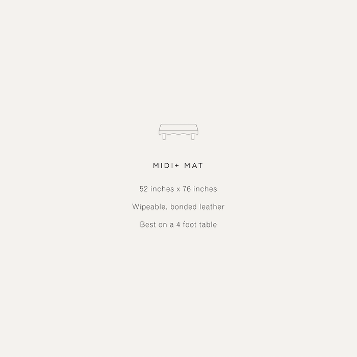 All@Midi+ Mat information; 52 in x 76 in; wipeable bonded leather; best on a 4 foot table