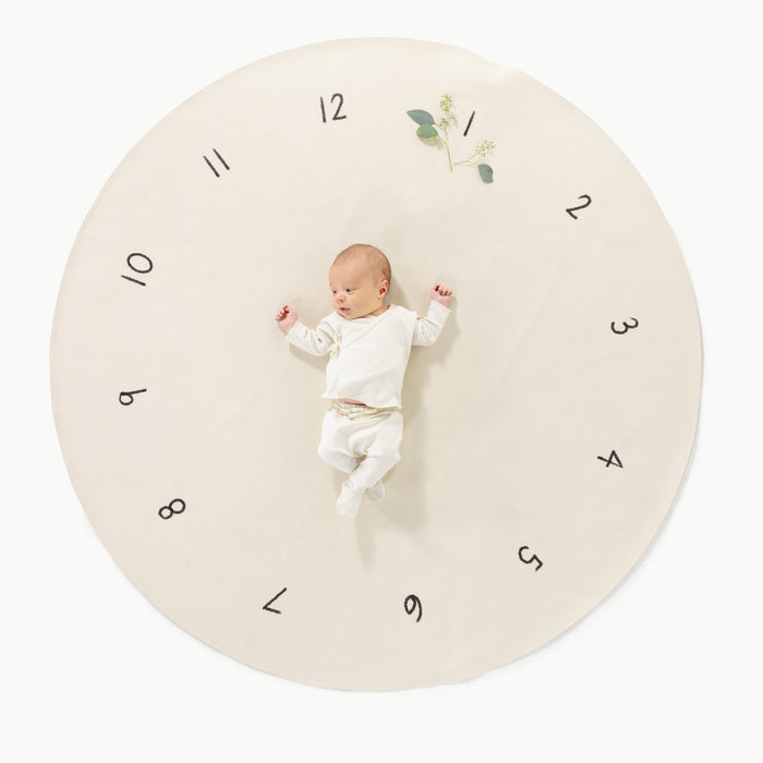 Milestones@overhead of baby on the milestone midi circle mat
