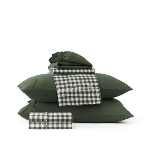 Deep green PureWoven™ 6-piece cotton sheet set with gingham accents.
