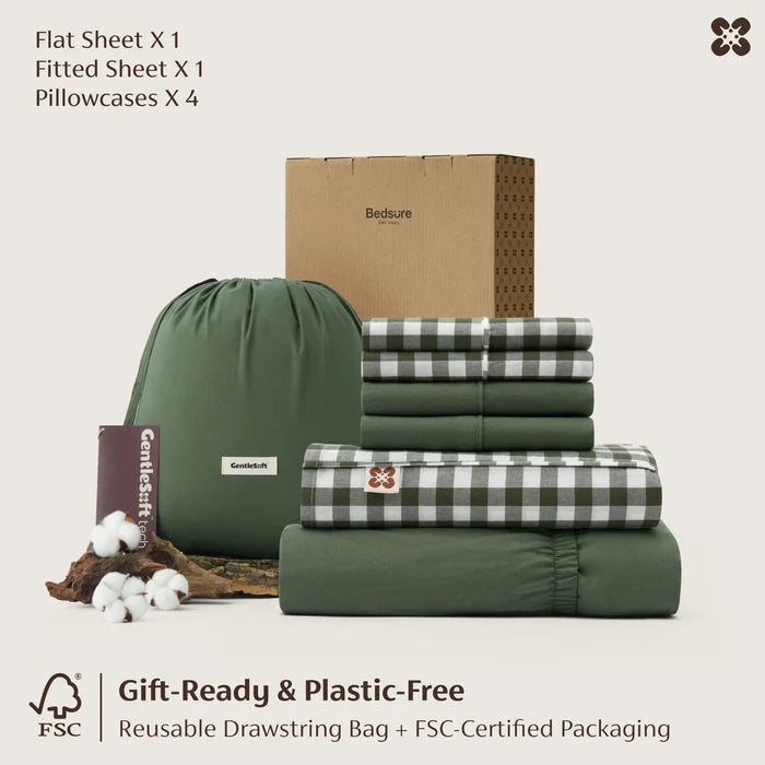 PureWoven™ 6-piece washed cotton sheet set in green & gingham, with storage bag & gift packaging.