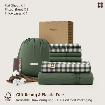 PureWoven™ 6-piece washed cotton sheet set in green & gingham, with storage bag & gift packaging.