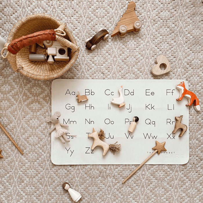 Alphabet@Overhead of Alphabet Micro mat with toys on it