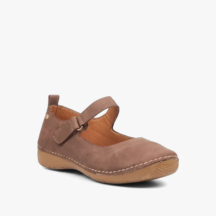 Butterfly Womens Cindi 5 Pump in chocolate brown, a Mary Jane style shoe crafted from matte leather or suede, viewed from