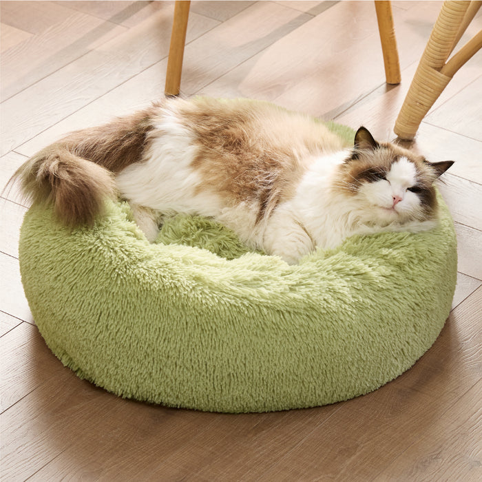 Fluffy Ragdoll cat sleeping soundly in a plush, light green calming donut pet bed on wood floor, highlighting pet comfort.