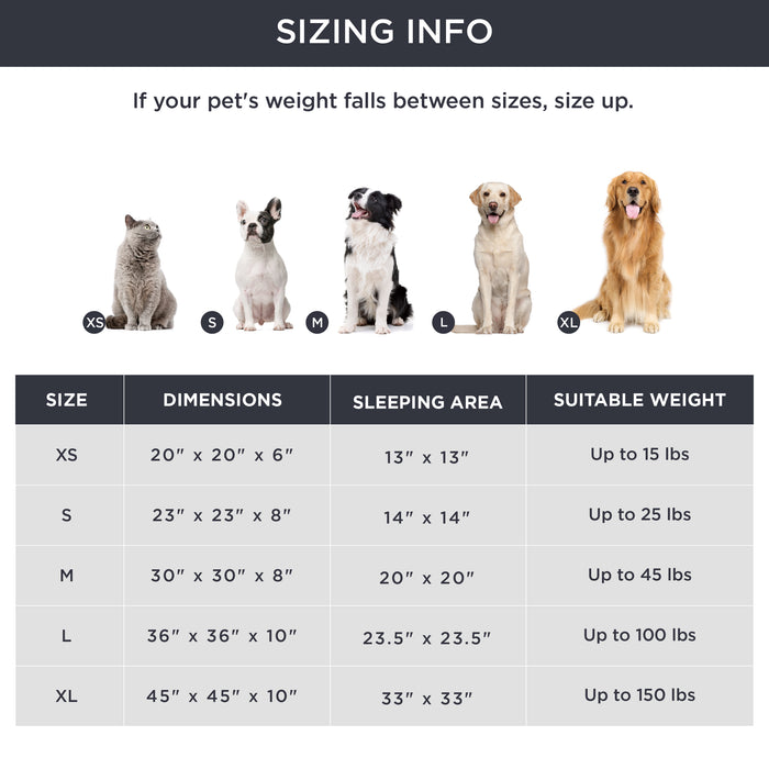 Calming Donut Pet Bed size guide: Cat (XS) to Golden Retriever (XL) with dimensions and weight chart.