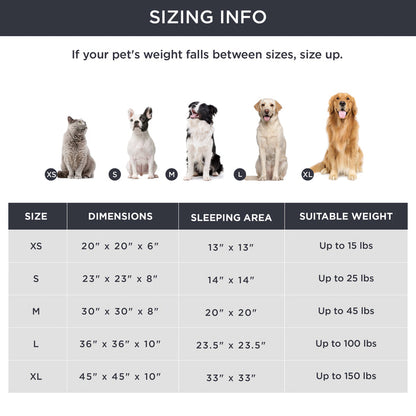Calming Donut Pet Bed size guide: Cat (XS) to Golden Retriever (XL) with dimensions and weight chart.