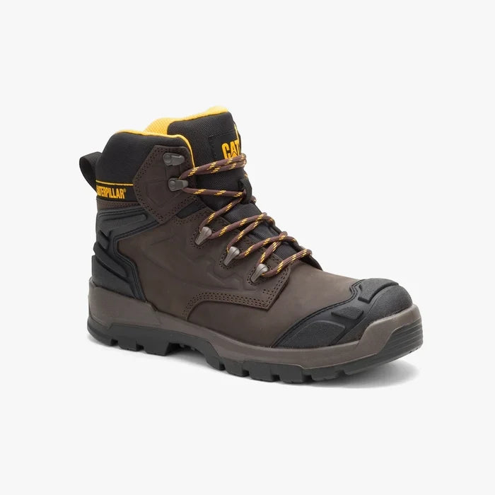 Caterpillar Mens Striver Xl 6 inch S3 Fo Sc Lg Hro Sr brown leather work boot, side view.