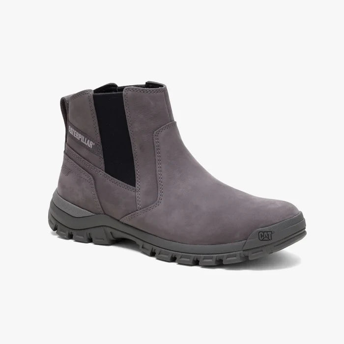 Men's grey Caterpillar Threshold Chelsea boot with elastic side panels and rugged sole, presented in a side profile view.