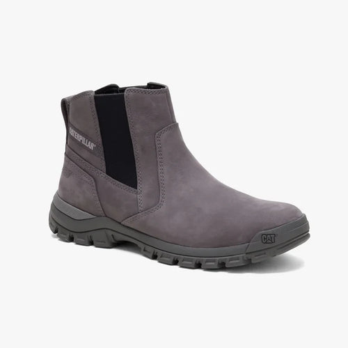 Men's grey Caterpillar Threshold Chelsea boot with elastic side panels and rugged sole, presented in a side profile view.