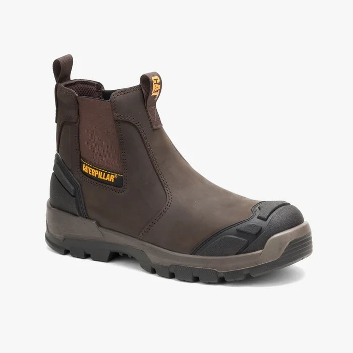 A single brown Caterpillar Striver XL Dealer S3 FO SC LG HRO SR boot, featuring pull tabs and a reinforced toe, displayed
