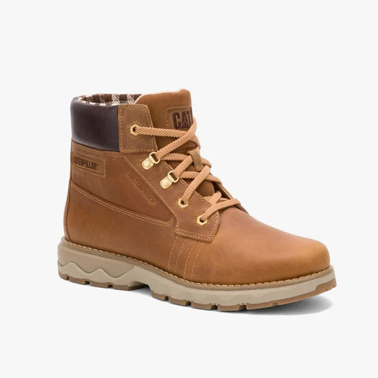 Caterpillar Women's Fandom waterproof lace-up boot in rich tan brown leather with a rugged sole and golden eyelets.