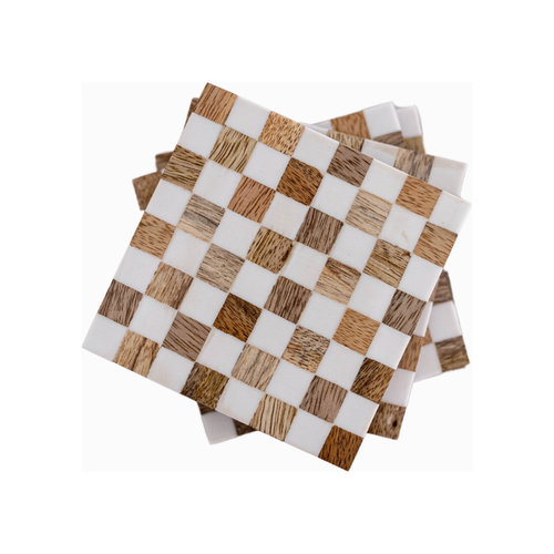 Checkered Wood & Resin Coasters - Set of 4