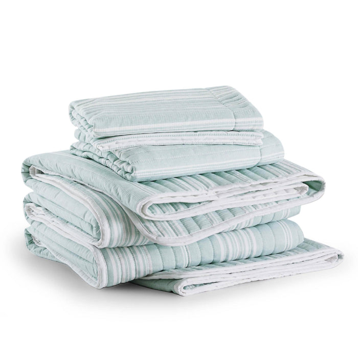 GentleSoft Chill Vibes Quilt Set, seafoam green & white stripes, textured quilted fabric, product display.