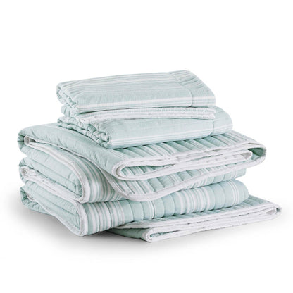GentleSoft Chill Vibes Quilt Set, seafoam green & white stripes, textured quilted fabric, product display.