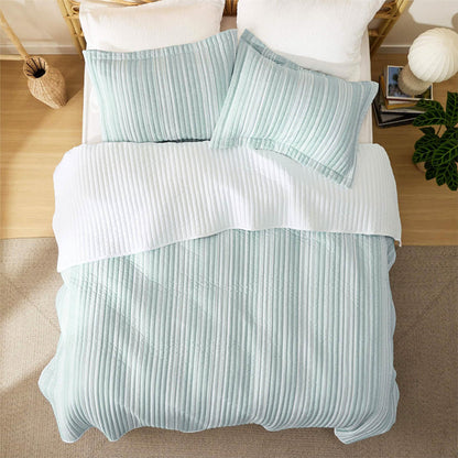 GentleSoft Chill Vibes Quilt Set, seafoam green & white vertical stripes, textured quilted microfiber on bed.