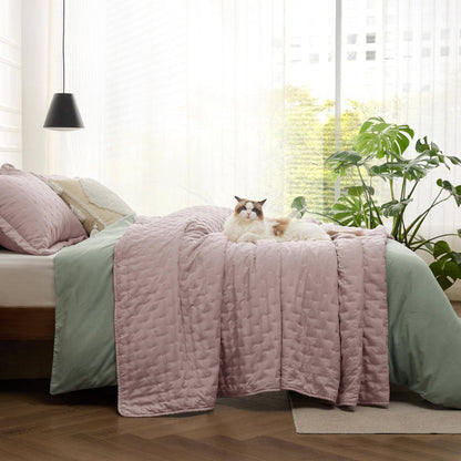 Rose GentleSoft Clover Ultrasonic Quilt Set with embossed pattern and cat on bed.