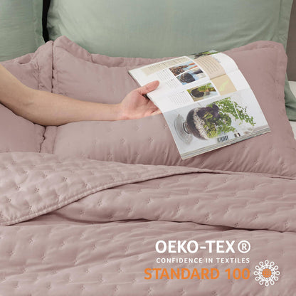 GentleSoft Clover Quilt Set in rose, featuring embossed pattern and OEKO-TEX certification.