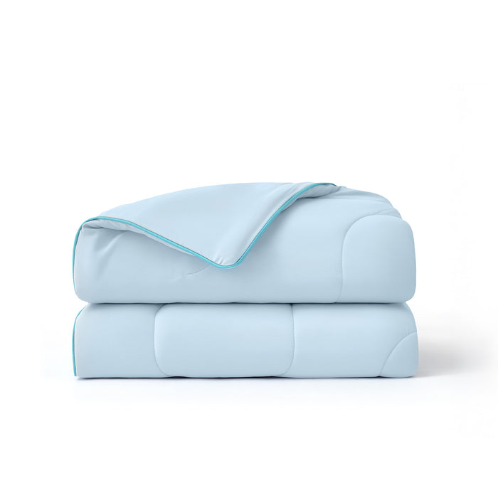 Two light blue GentleSoft cooling blankets stacked with turquoise piping. Lightweight nylon.
