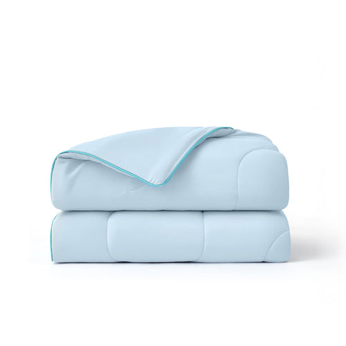 Two light blue GentleSoft cooling blankets stacked with turquoise piping. Lightweight nylon.
