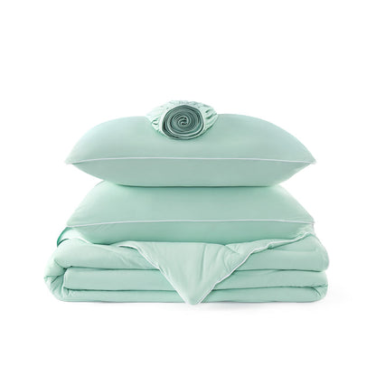 GentleSoft cooling comforter set: mint green with white piping, includes 2 pillows, comforter, and fitted sheet.