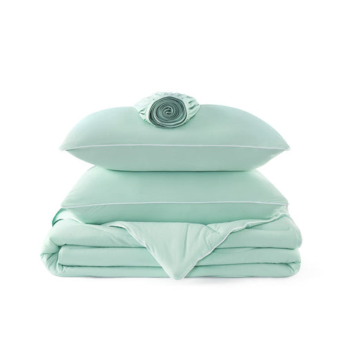 GentleSoft cooling comforter set: mint green with white piping, includes 2 pillows, comforter, and fitted sheet.