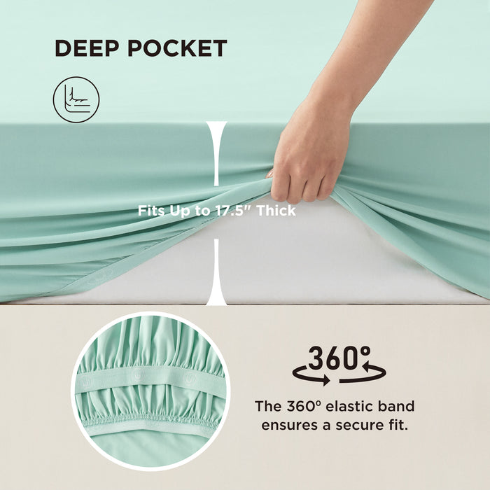 GentleSoft mint green fitted sheet: deep pocket fits 17.5" thick, 360° elastic for secure fit.