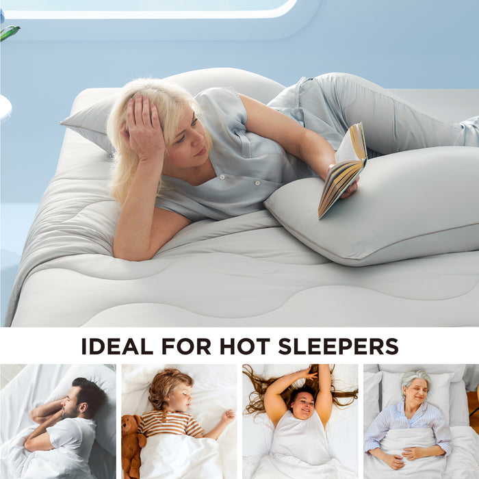 GentleSoft cooling comforter set in light gray, ideal for hot sleepers. Woman relaxes, diverse people sleep soundly.