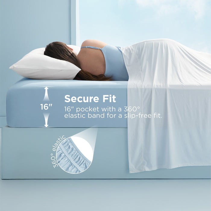 Light blue cooling fitted sheet with 16 inch pocket and 360° elastic for secure fit.