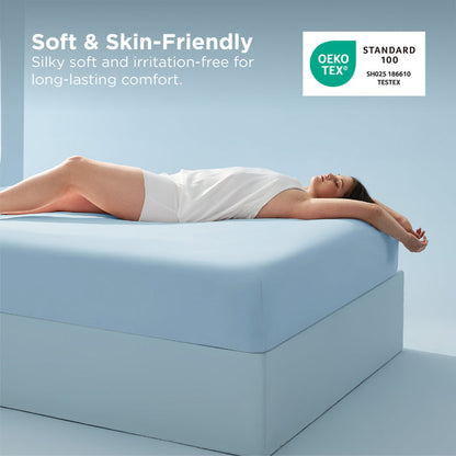 Soft, breathable cooling fitted sheet with OEKO-TEX certification.