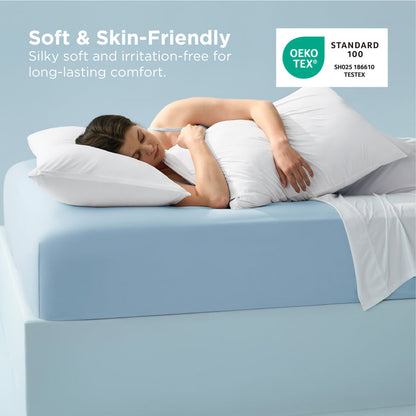 Soft & skin-friendly cooling fitted sheet with OEKO-TEX certification, woman sleeping.