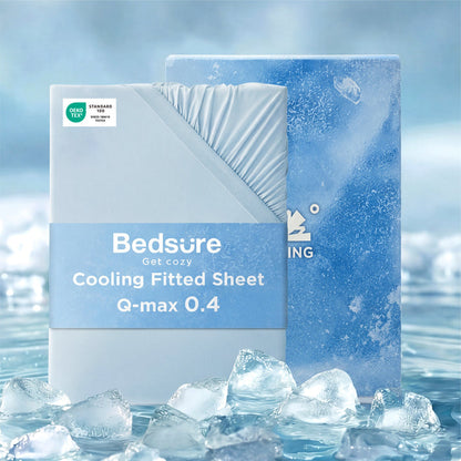 Bedsure light blue cooling fitted sheet with Q-max 0.4 fabric, OEKO-TEX certified