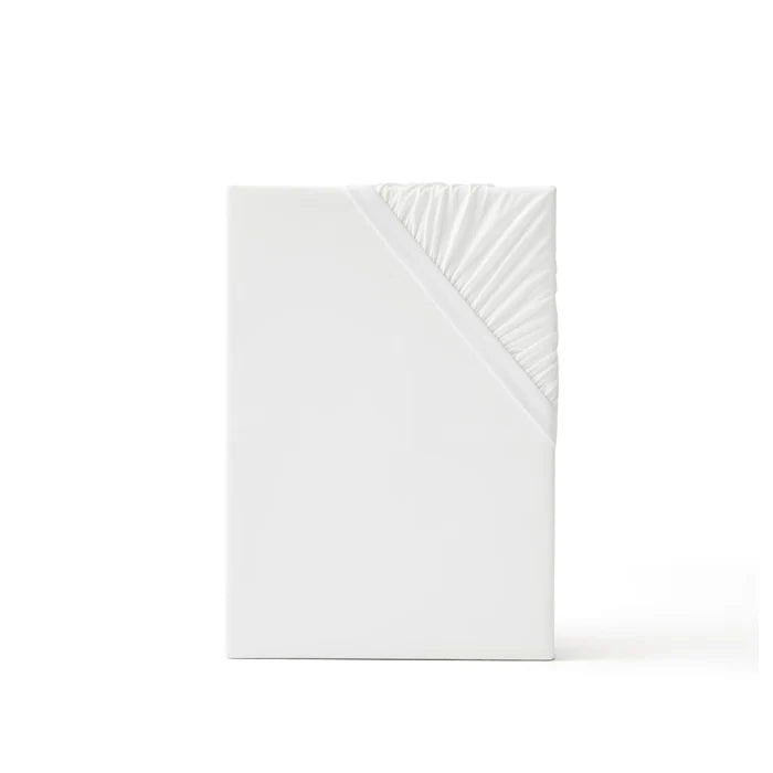 White cooling fitted sheet featuring elasticized edge for secure fit.