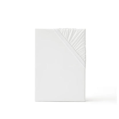 White cooling fitted sheet featuring elasticized edge for secure fit.