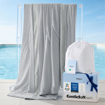 Cooloxy breathable cooling comforter, OEKO-TEX card, GentleSoft tech box & awards.