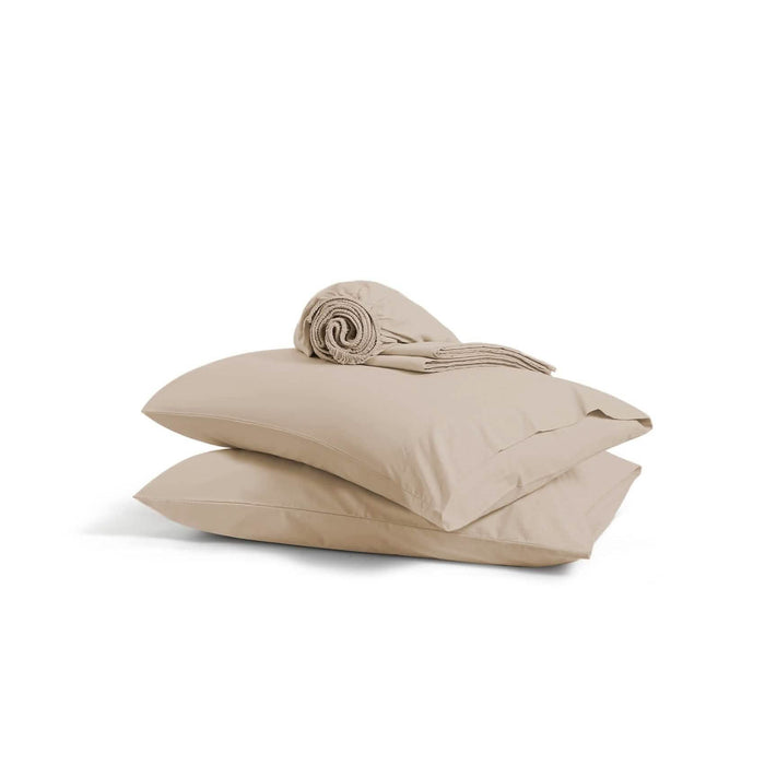 Taupe GentleSoft Cotton Percale pillowcases and folded sheet set, showing soft, breathable texture.