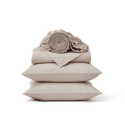 GentleSoft deep pocket sheet set includes two pillowcases, flat sheet, and fitted sheet in light beige brushed polyester.