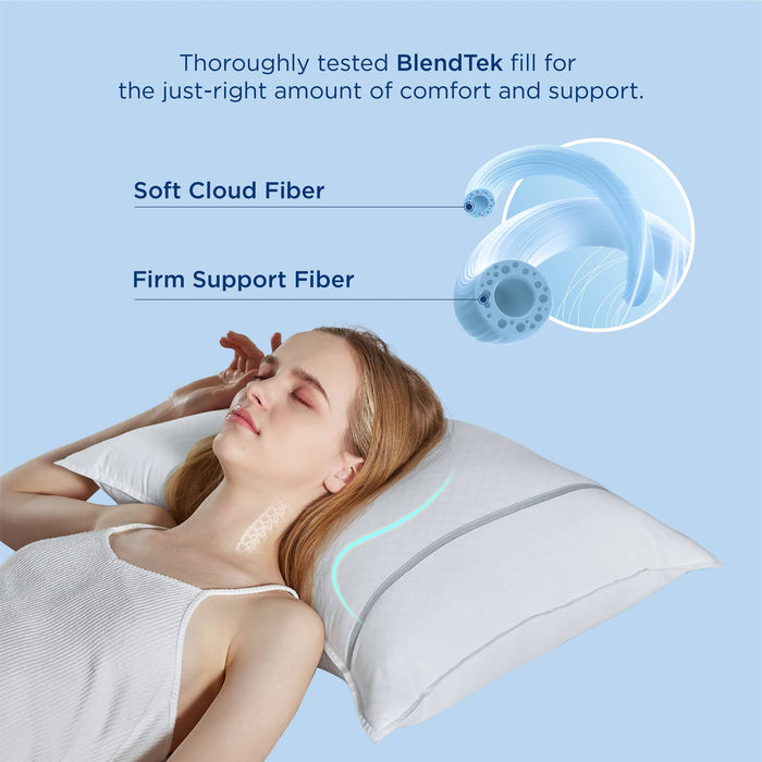 Woman sleeping peacefully on GentleSoft white diamond pattern pillow, showing BlendTek fill for soft and firm support.