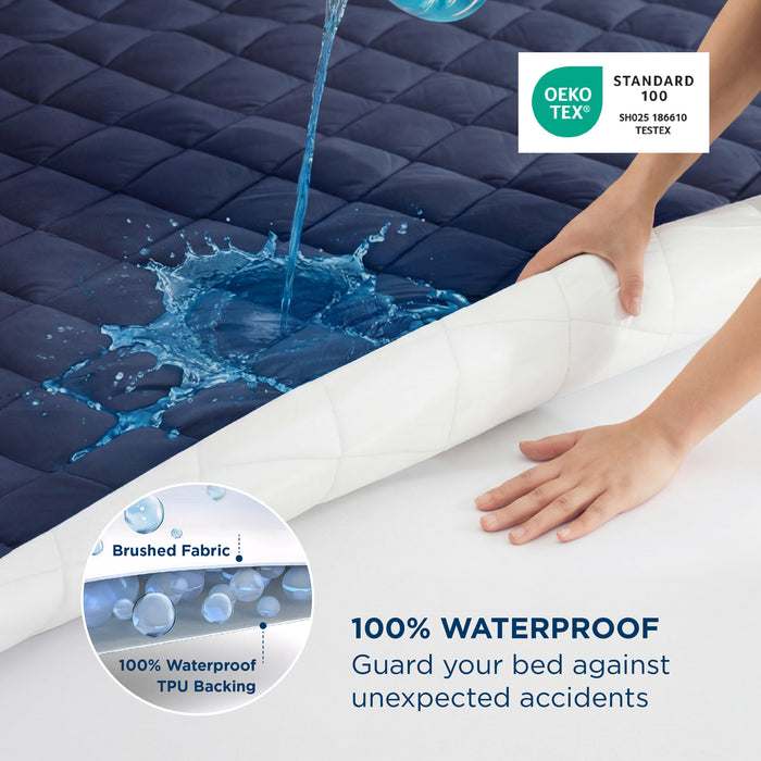 Navy diamond quilted mattress pad: 100% waterproof with TPU backing, OEKO-TEX