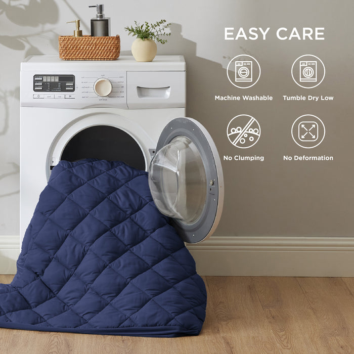 Navy blue polyester diamond quilted waterproof mattress pad, easy care machine washable.