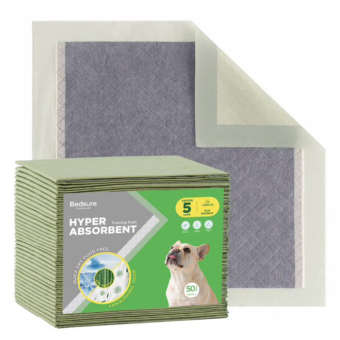 Bedsure HYPER ABSORBENT disposable dog pee pads, eco bamboo, 5 cups absorb, odor neutralizer.