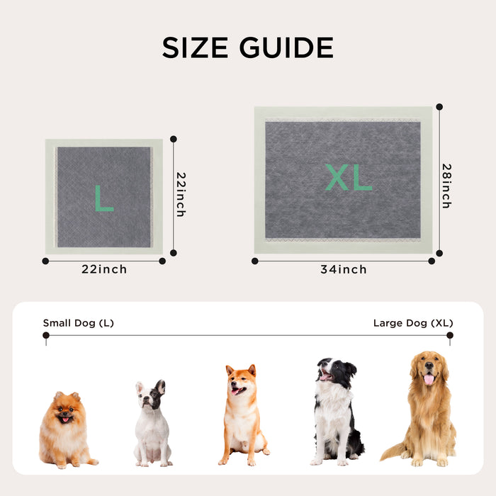 Disposable dog pee pad size guide: L (22x22) & XL (28x34) pads with dog breed examples.