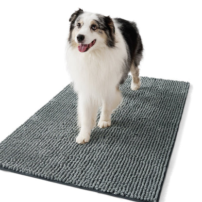 Textured gray chenille paw cleaning doormat & entryway rug with Australian Shepherd dog.
